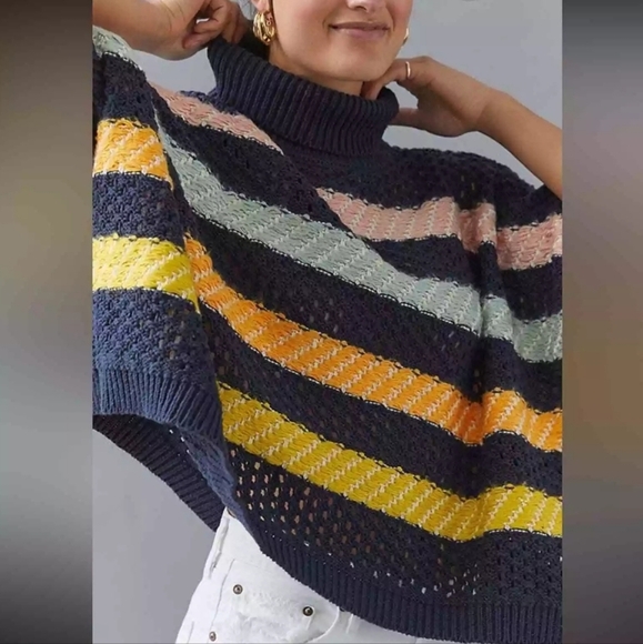Anthropologie Navy Striped Turtle Neck Sweater Poncho sz OS - Picture 2 of 10